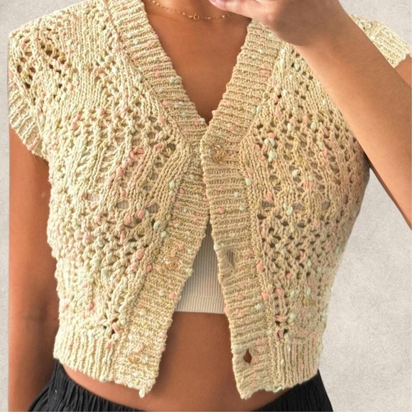 Sweaters - Summer crochet gold button crop cover up top